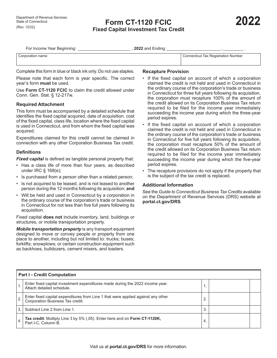 Form CT-1120 FCIC Fixed Capital Investment Tax Credit - Connecticut, Page 1