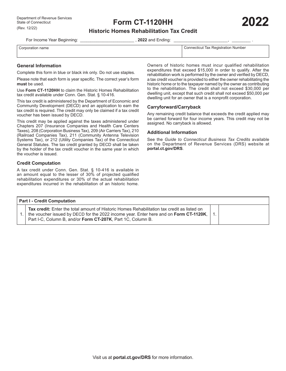 Form CT1120HH Download Printable PDF or Fill Online Historic Homes