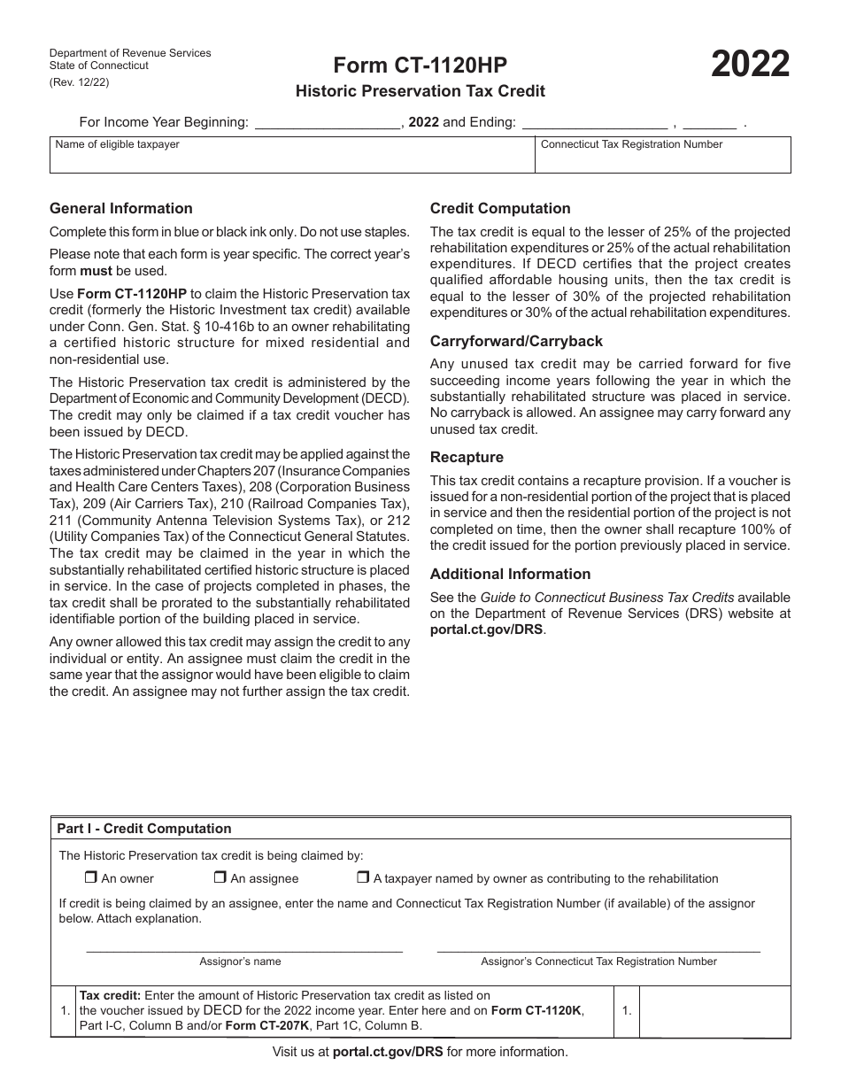 Form CT-1120HP Historic Preservation Tax Credit - Connecticut, Page 1