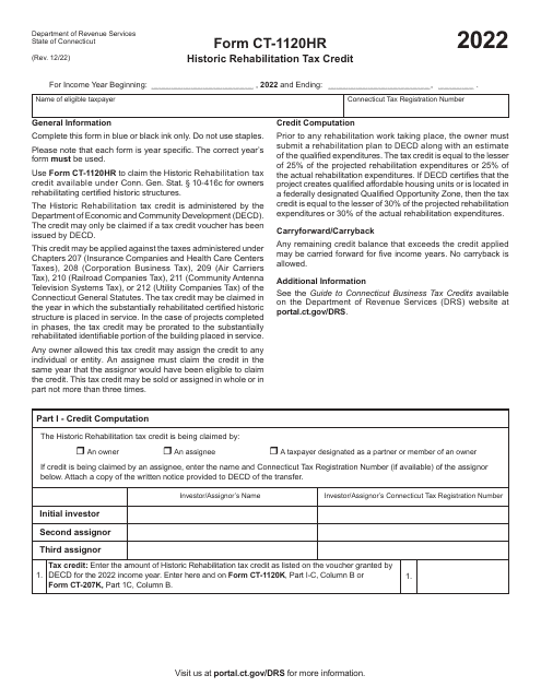 Form CT-1120HR Historic Rehabilitation Tax Credit - Connecticut, 2022