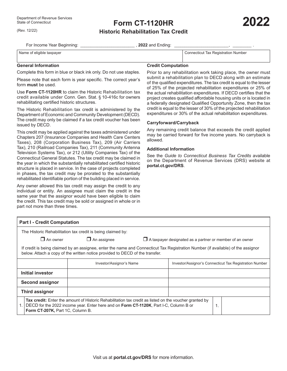 Form CT-1120HR Historic Rehabilitation Tax Credit - Connecticut, Page 1