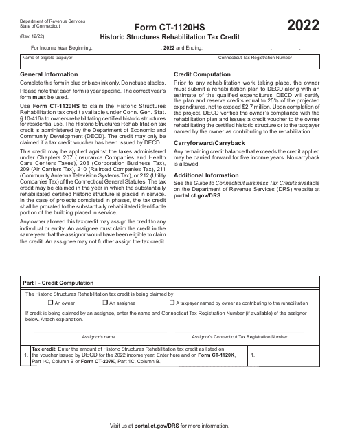 Form CT-1120HS 2022 Printable Pdf