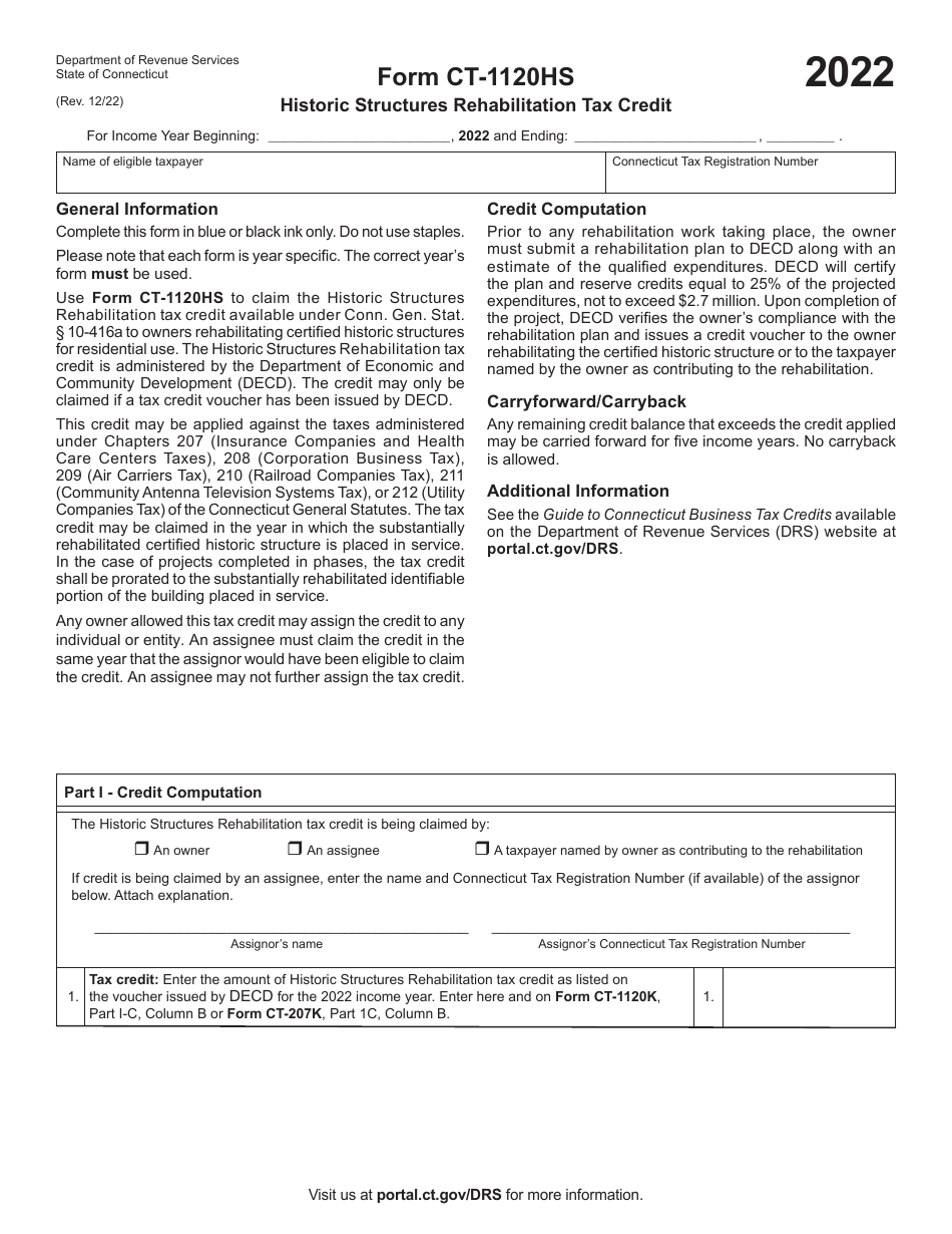Form CT-1120HS Historic Structures Rehabilitation Tax Credit - Connecticut, Page 1