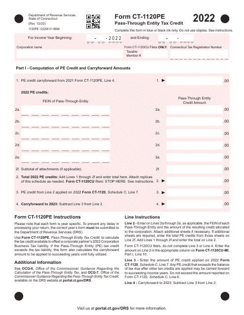 Form CT-1120PE Pass-Through Entity Tax Credit - Connecticut, 2022