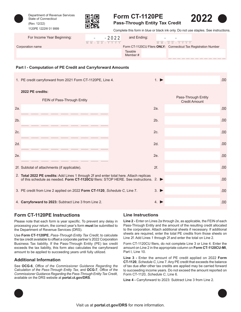Form CT-1120PE Pass-Through Entity Tax Credit - Connecticut, Page 1