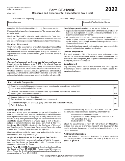 Form CT-1120RC Research and Experimental Expenditures Tax Credit - Connecticut, 2022