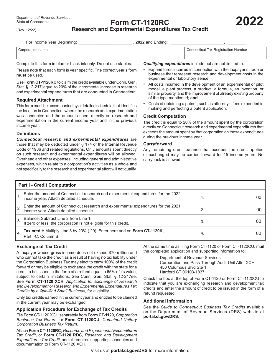 Form CT-1120RC Research and Experimental Expenditures Tax Credit - Connecticut, Page 1
