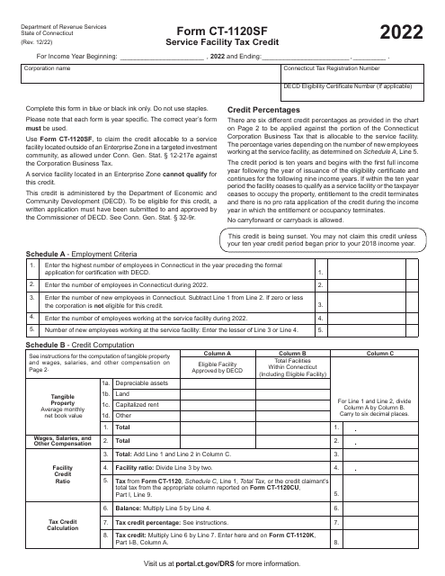 Form CT-1120SF Service Facility Tax Credit - Connecticut, 2022