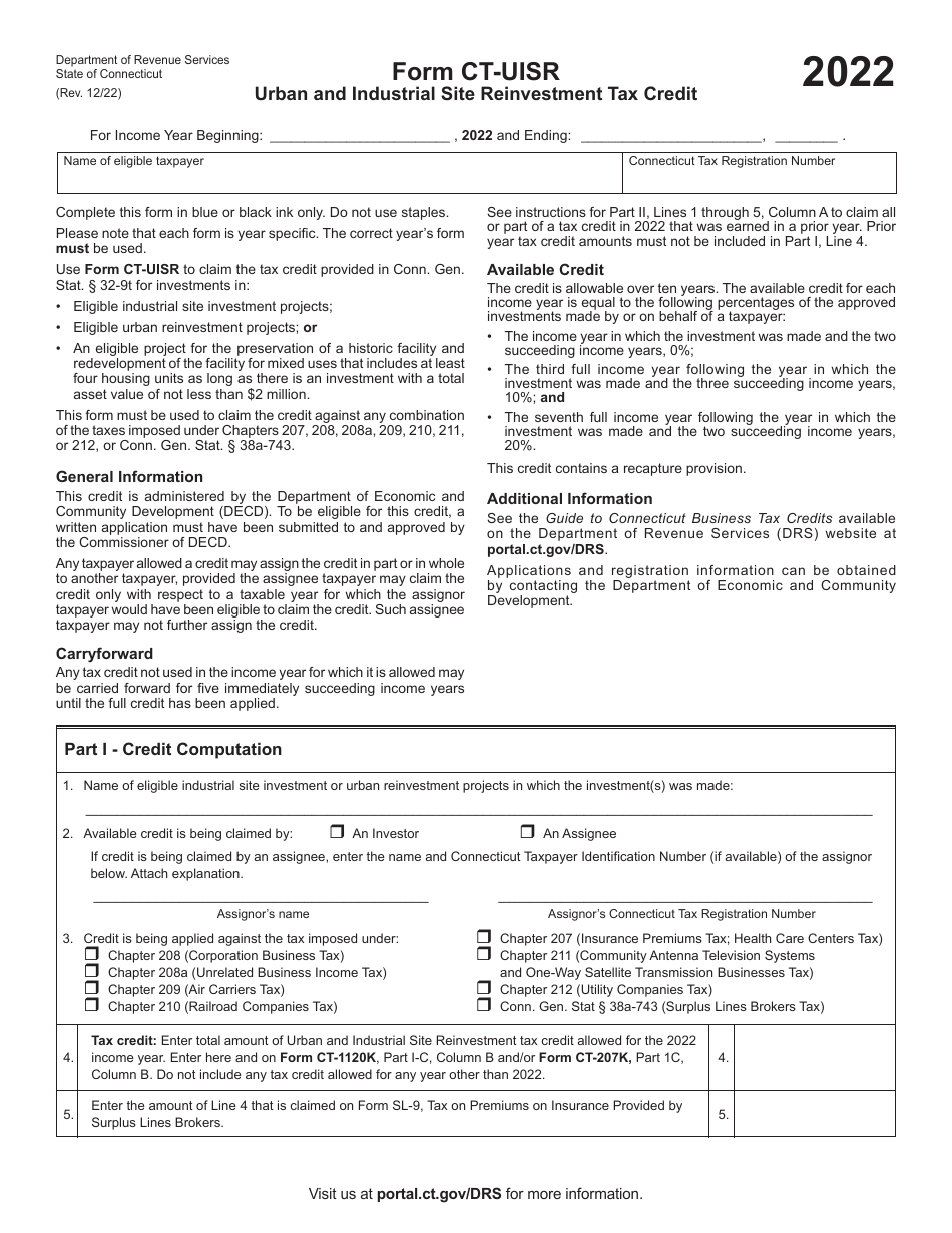 Form CT-UISR Urban and Industrial Site Reinvestment Tax Credit - Connecticut, Page 1