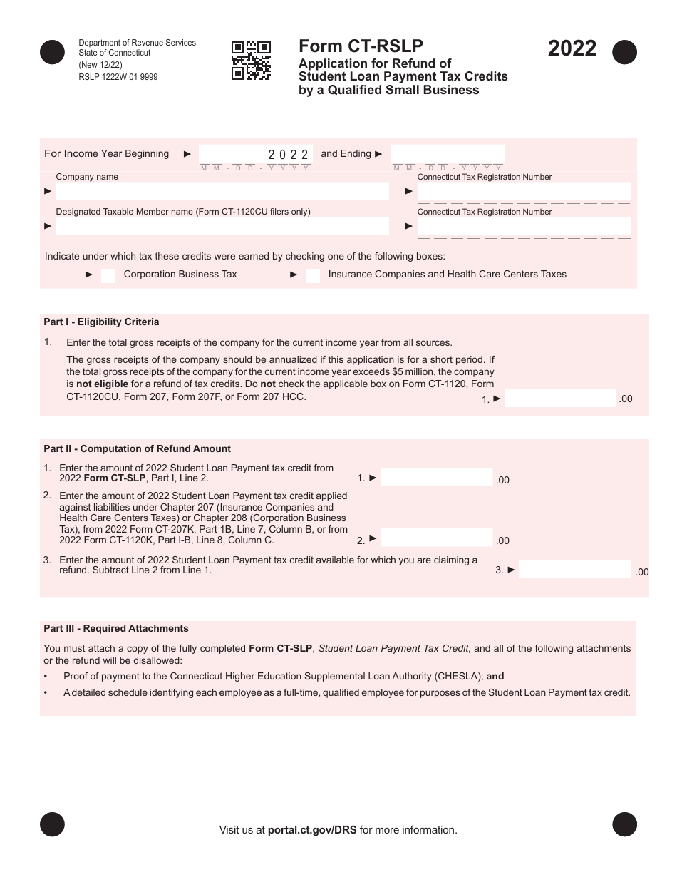 Form CT-RSLP Application for Refund of Student Loan Payment Tax Credits by a Qualified Small Business - Connecticut, Page 1