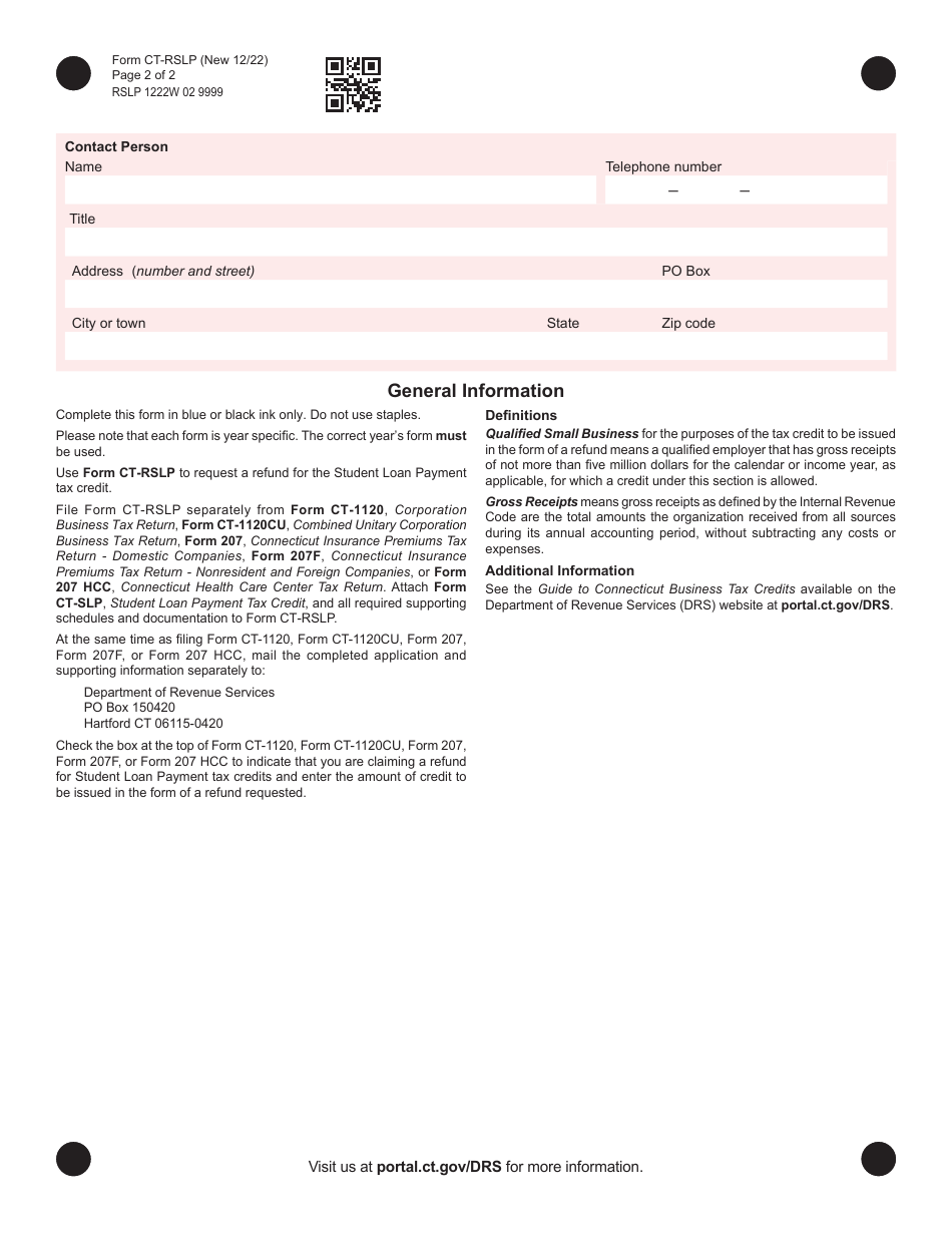 Form CT-RSLP Application for Refund of Student Loan Payment Tax Credits by a Qualified Small Business - Connecticut, Page 2