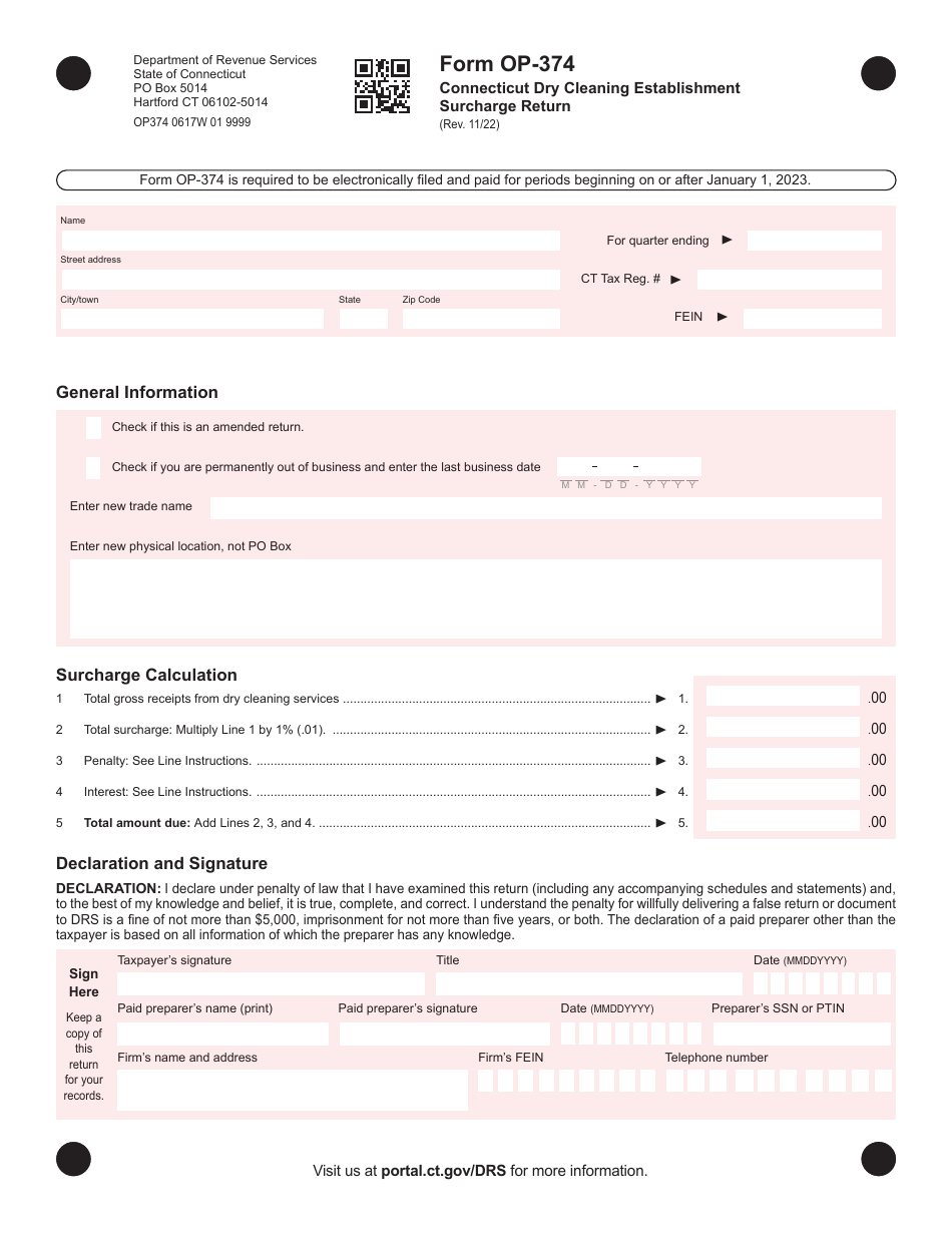 Form OP-374 Dry Cleaning Establishment Surcharge Return - Connecticut, Page 1