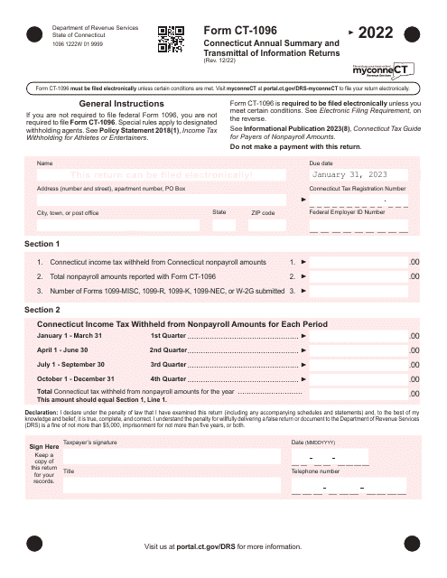 Form CT-1096 Connecticut Annual Summary and Transmittal of Information Returns - Connecticut, 2022