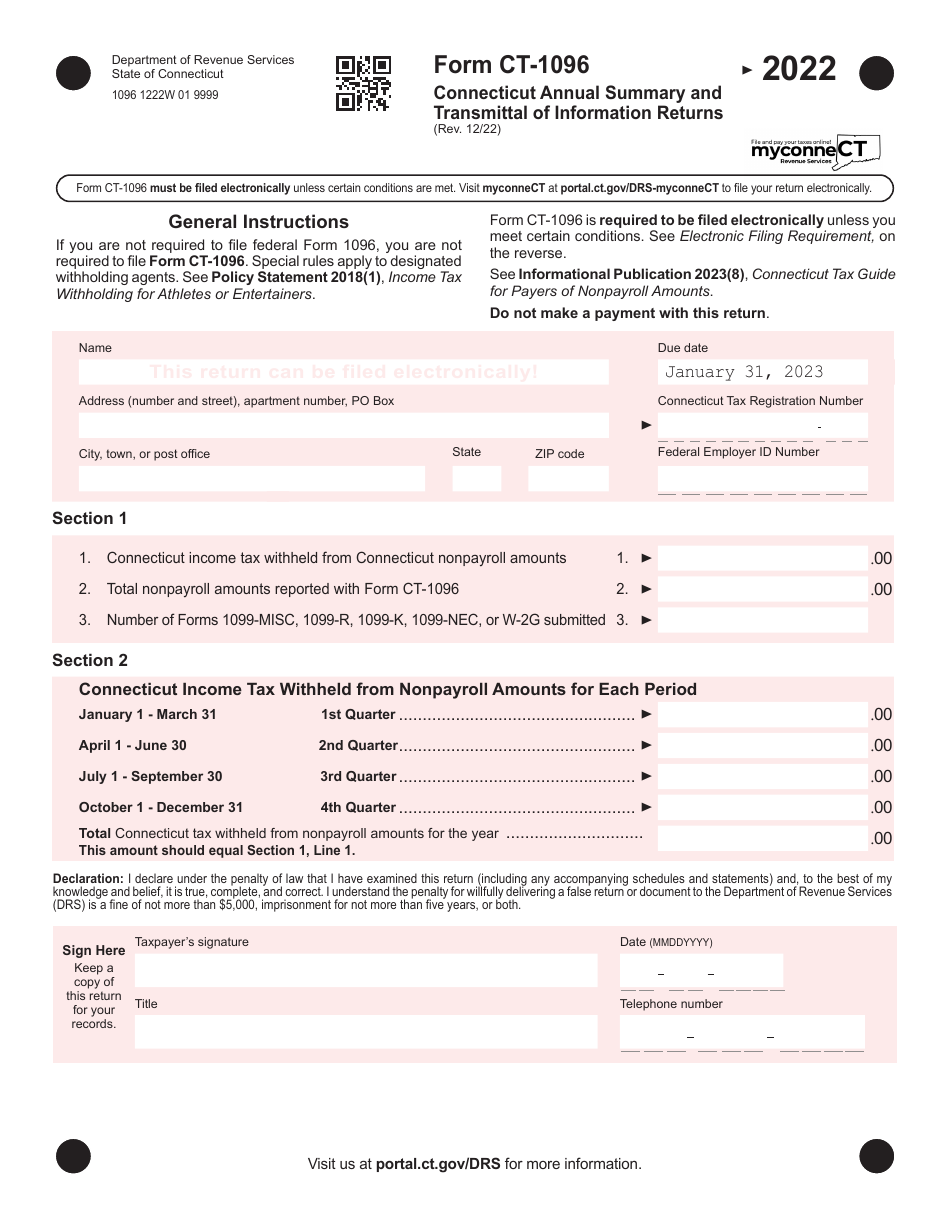 Form CT-1096 Connecticut Annual Summary and Transmittal of Information Returns - Connecticut, Page 1