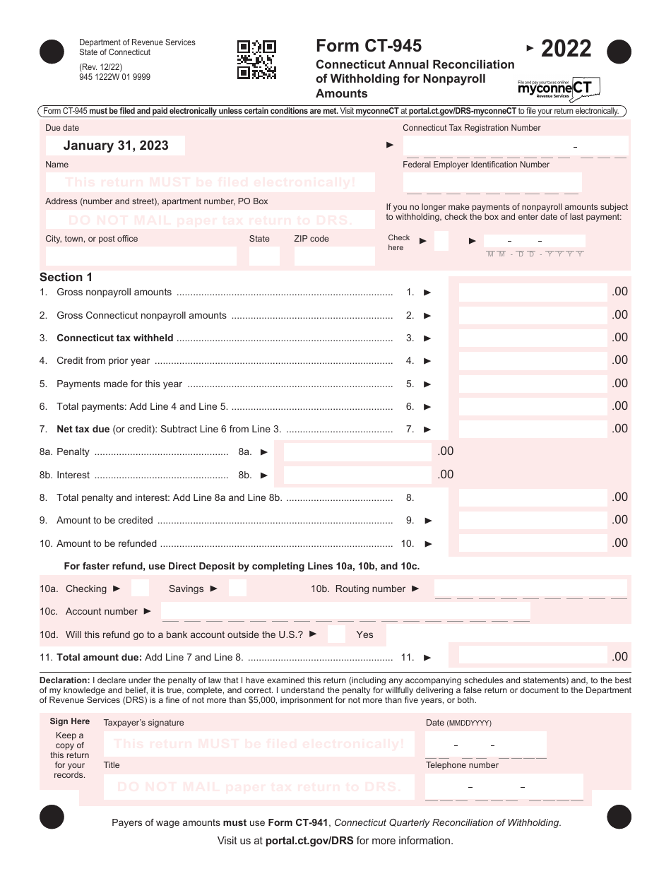 Form CT-945 Connecticut Annual Reconciliation of Withholding for Nonpayroll Amounts - Connecticut, Page 1