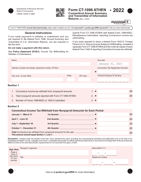 Form CT-1096 ATHEN Connecticut Annual Summary and Transmittal of Information Returns - Connecticut, 2022