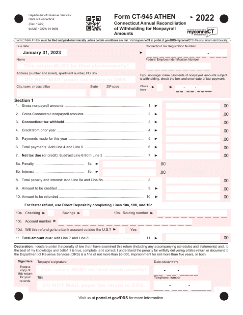 Form CT-945 ATHEN Connecticut Annual Summary and Transmittal of Information Returns - Connecticut, 2022