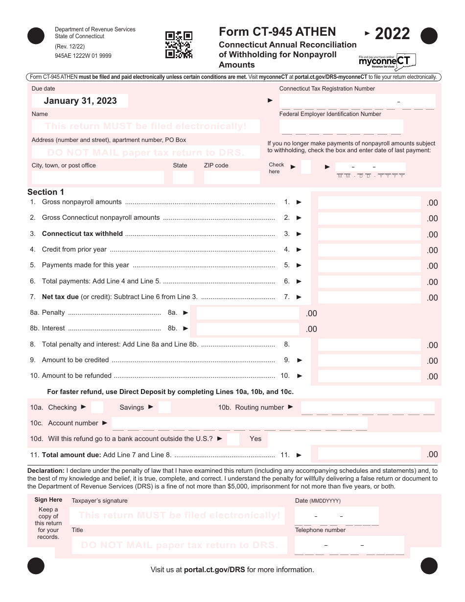 Form CT-945 ATHEN Connecticut Annual Summary and Transmittal of Information Returns - Connecticut, Page 1