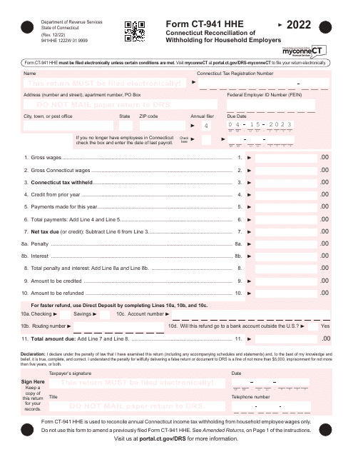 Form CT-941 HHE 2022 Printable Pdf