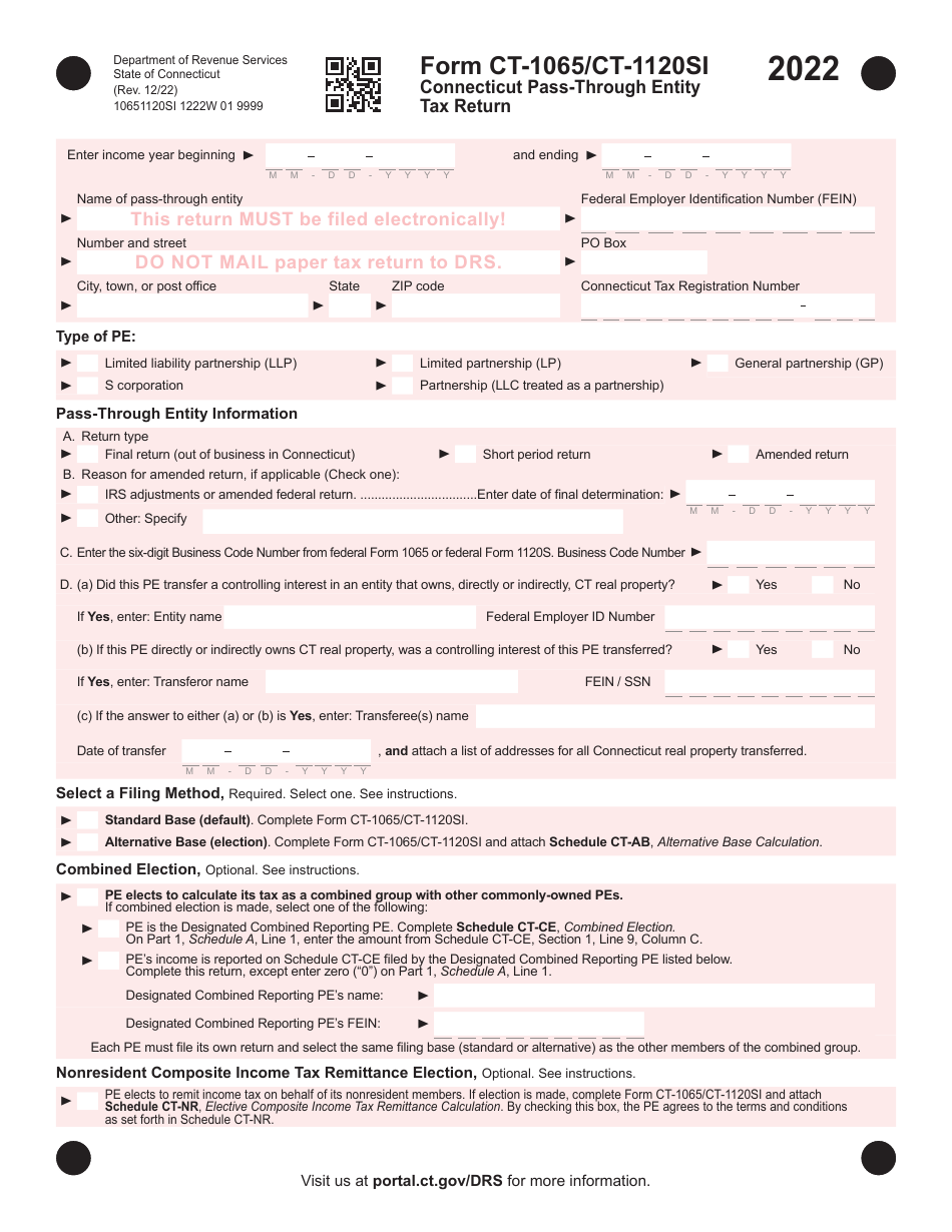 Form CT-1065 (CT-1120SI) Connecticut Pass-Through Entity Tax Return - Connecticut, Page 1