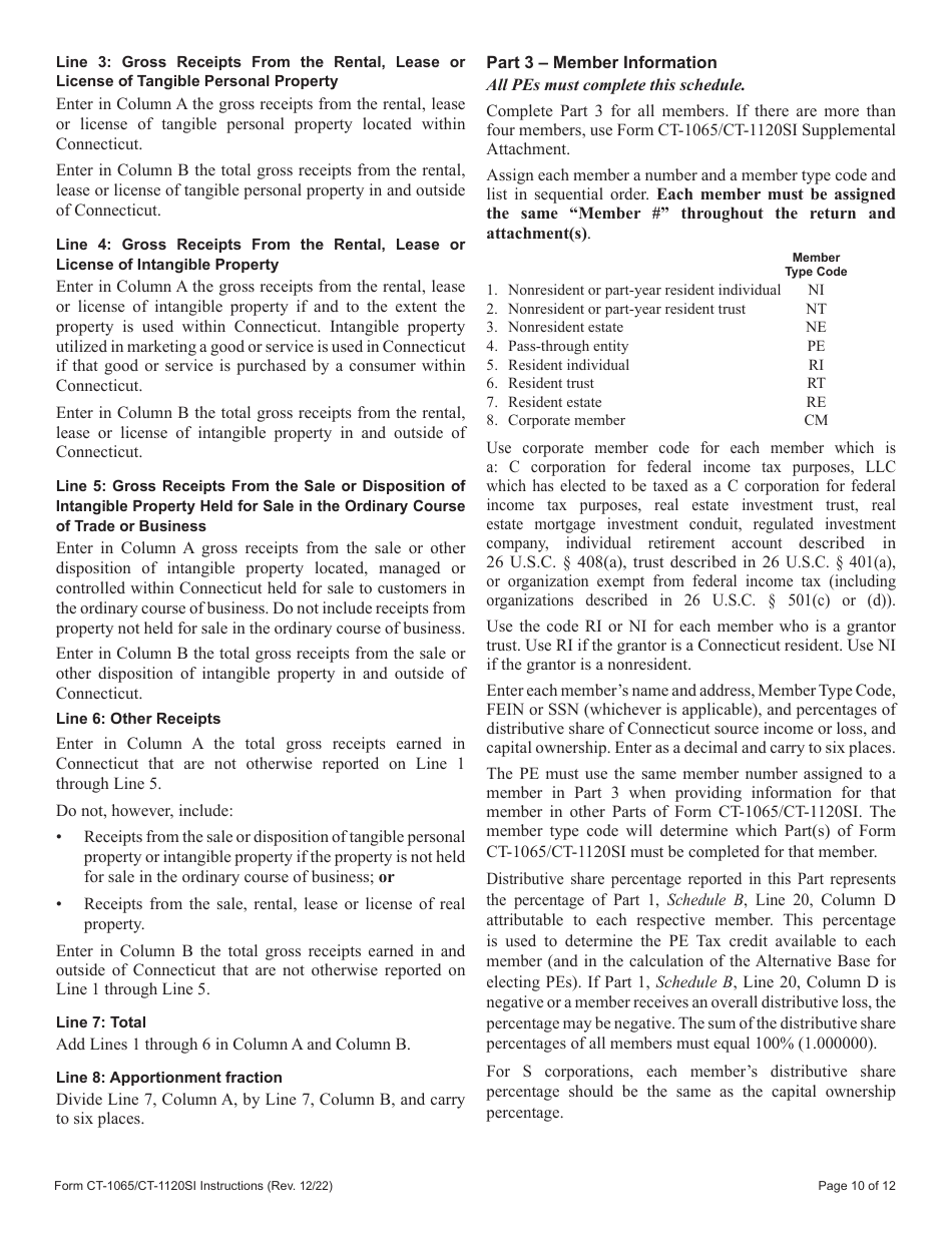Instructions for Form CT-1065, CT-1120SI Connecticut Pass-Through Entity Tax Return - Connecticut, Page 10