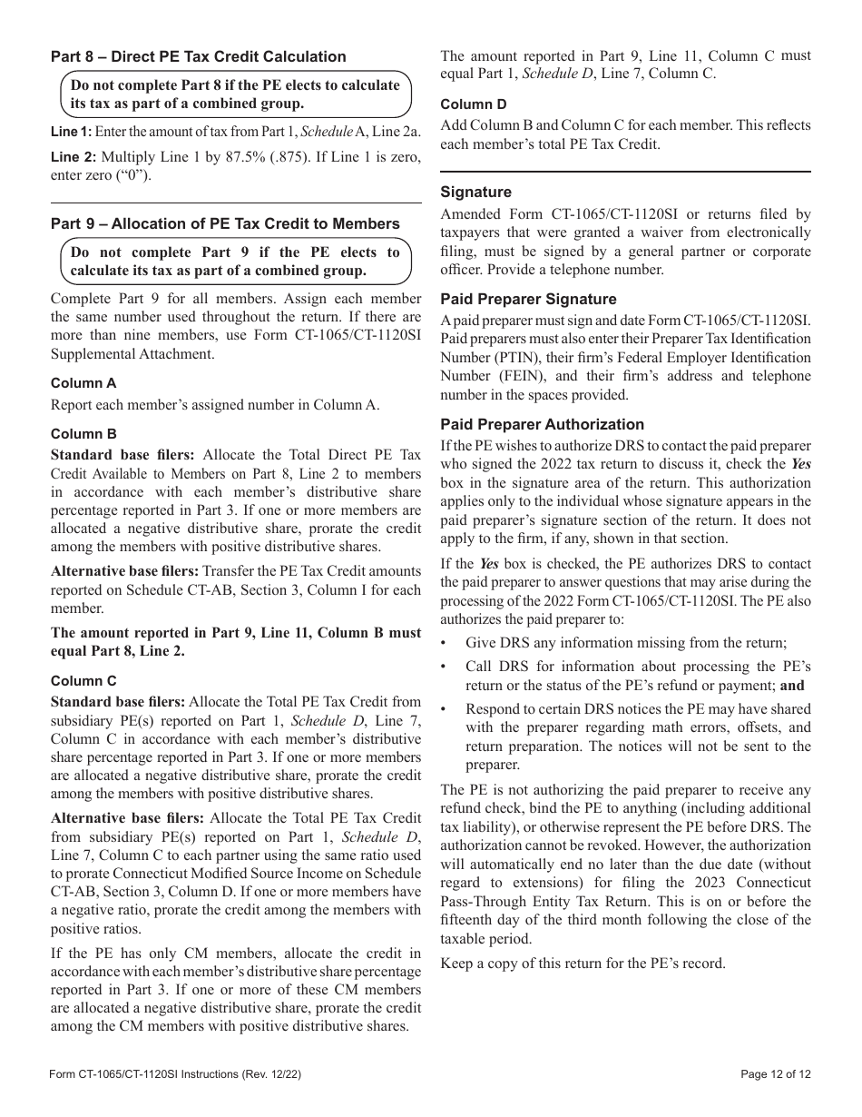 Instructions for Form CT-1065, CT-1120SI Connecticut Pass-Through Entity Tax Return - Connecticut, Page 12