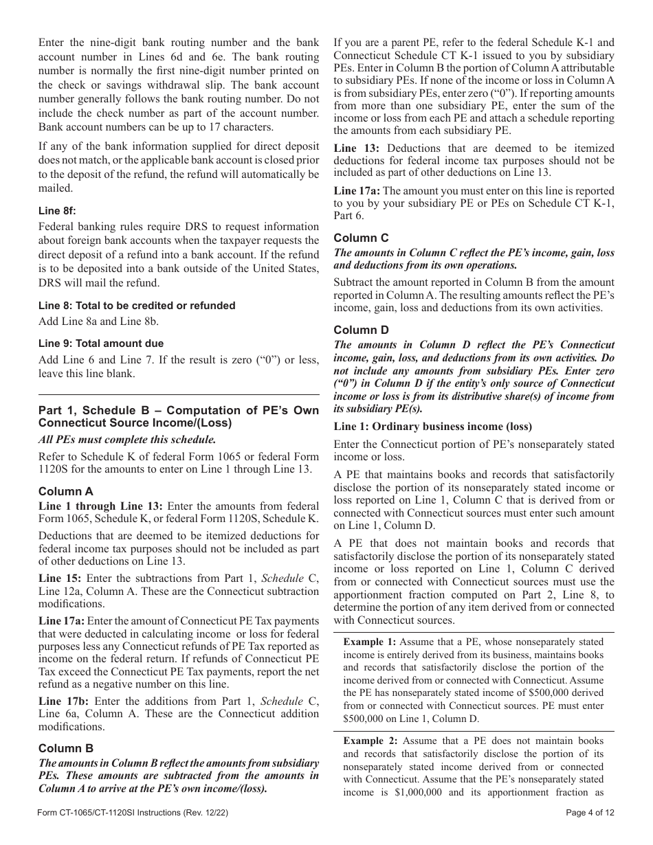 Instructions for Form CT-1065, CT-1120SI Connecticut Pass-Through Entity Tax Return - Connecticut, Page 4
