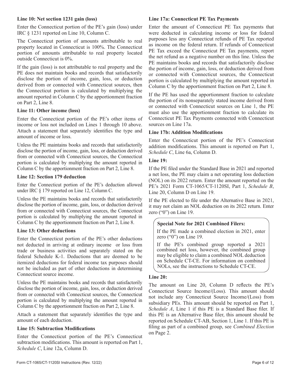Instructions for Form CT-1065, CT-1120SI Connecticut Pass-Through Entity Tax Return - Connecticut, Page 6
