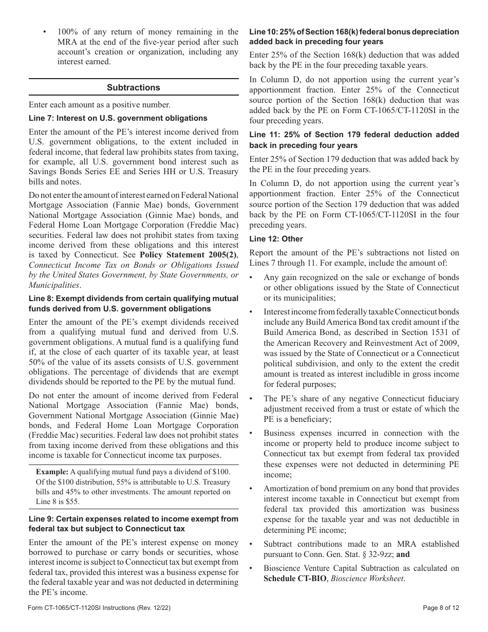 Instructions for Form CT-1065, CT-1120SI Connecticut Pass-Through Entity Tax Return - Connecticut, Page 8
