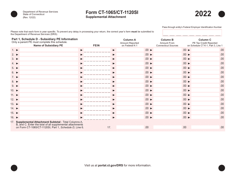 Form CT-1065 (CT-1120SI) Supplemental Attachment - Connecticut, 2022