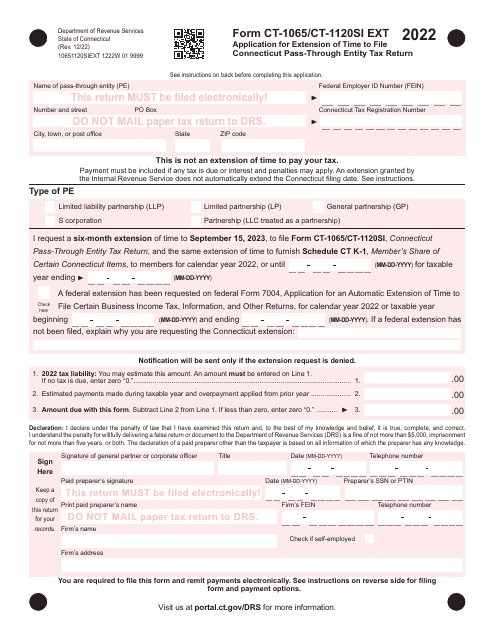 Form CT-1065 (CT-1120SI EXT) Application for Extension of Time to File Connecticut Pass-Through Entity Tax Return - Connecticut, 2022