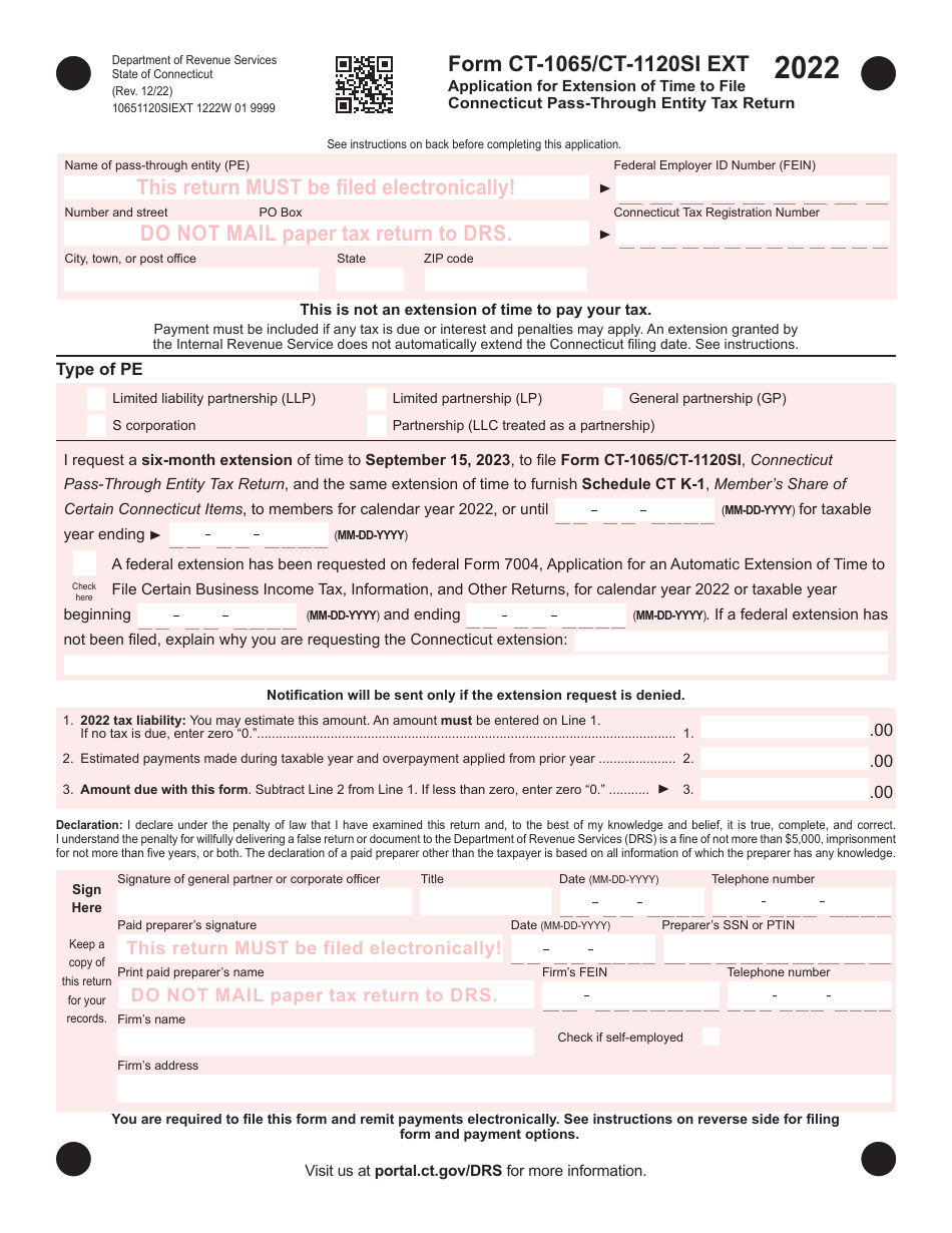 Form CT-1065 (CT-1120SI EXT) Application for Extension of Time to File Connecticut Pass-Through Entity Tax Return - Connecticut, Page 1