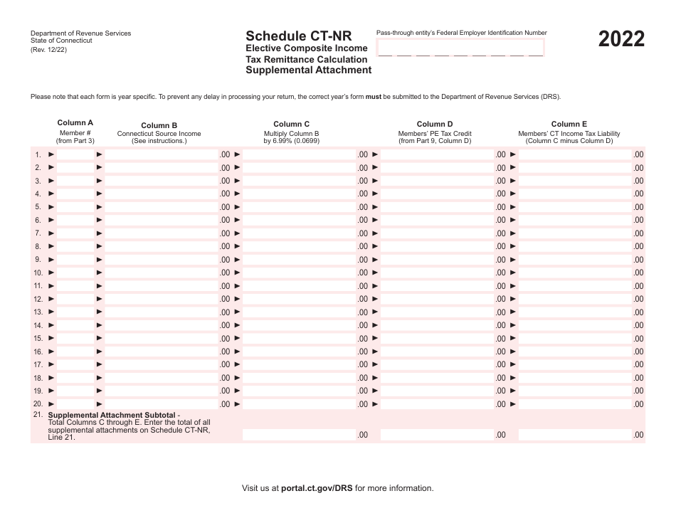 Schedule CT-NR Elective Composite Income Tax Remittance Calculation Supplemental Attachment - Connecticut, Page 1