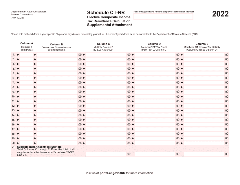 Schedule CT-NR Elective Composite Income Tax Remittance Calculation Supplemental Attachment - Connecticut, 2022