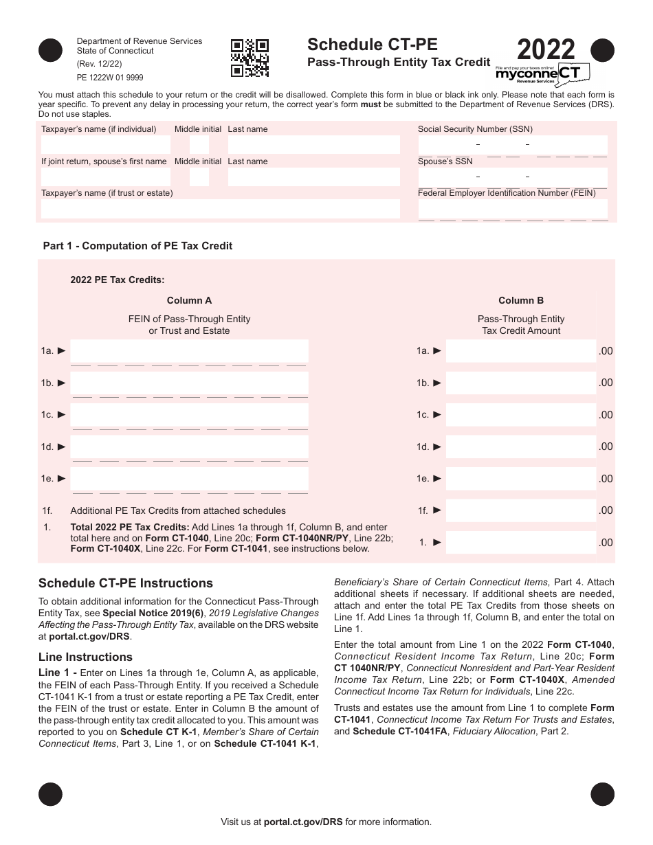Schedule CT-PE Pass-Through Entity Tax Credit - Connecticut, Page 1