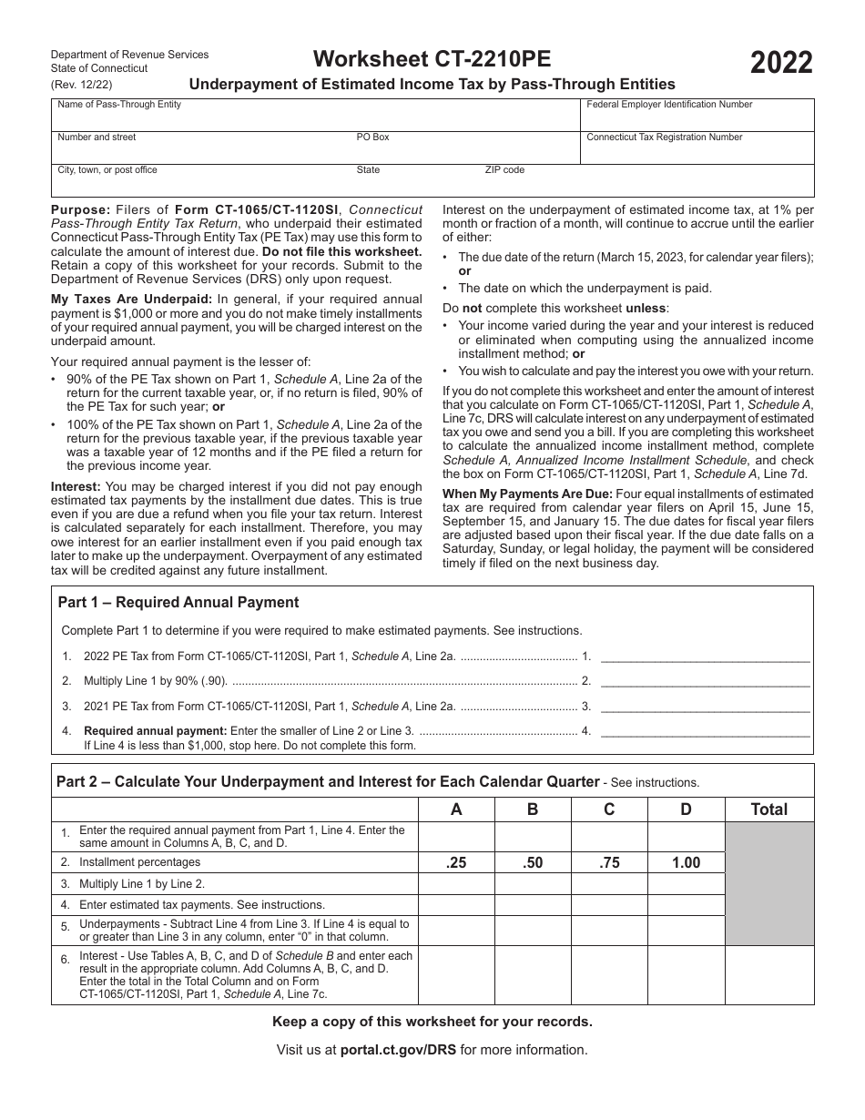 Worksheet CT-2210PE Underpayment of Estimated Income Tax by Pass-Through Entities - Connecticut, Page 1