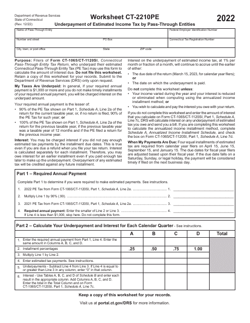 Worksheet CT-2210PE Underpayment of Estimated Income Tax by Pass-Through Entities - Connecticut, 2022