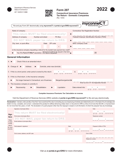 Form 207 Connecticut Insurance Premiums Tax Return - Domestic Companies - Connecticut, 2022