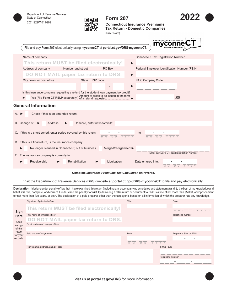 Form 207 Connecticut Insurance Premiums Tax Return - Domestic Companies - Connecticut, Page 1