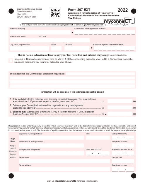 Form 207 EXT Application for Extension of Time to File Connecticut Domestic Insurance Premiums Tax Return - Connecticut, 2022