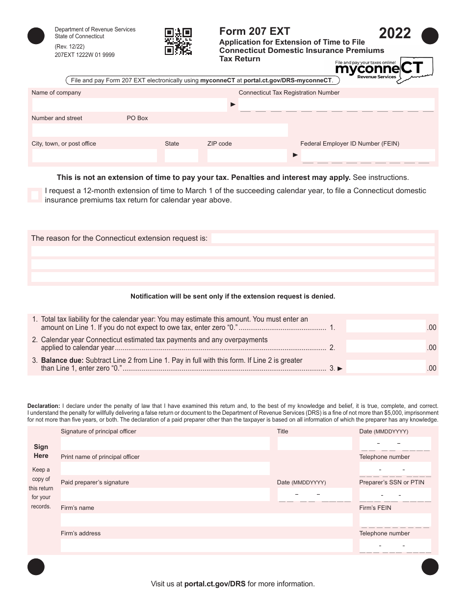 Form 207 EXT Application for Extension of Time to File Connecticut Domestic Insurance Premiums Tax Return - Connecticut, Page 1