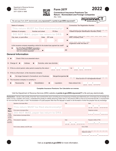 Form 207F Connecticut Insurance Premiums Tax Return - Nonresident and Foreign Companies - Connecticut, 2022