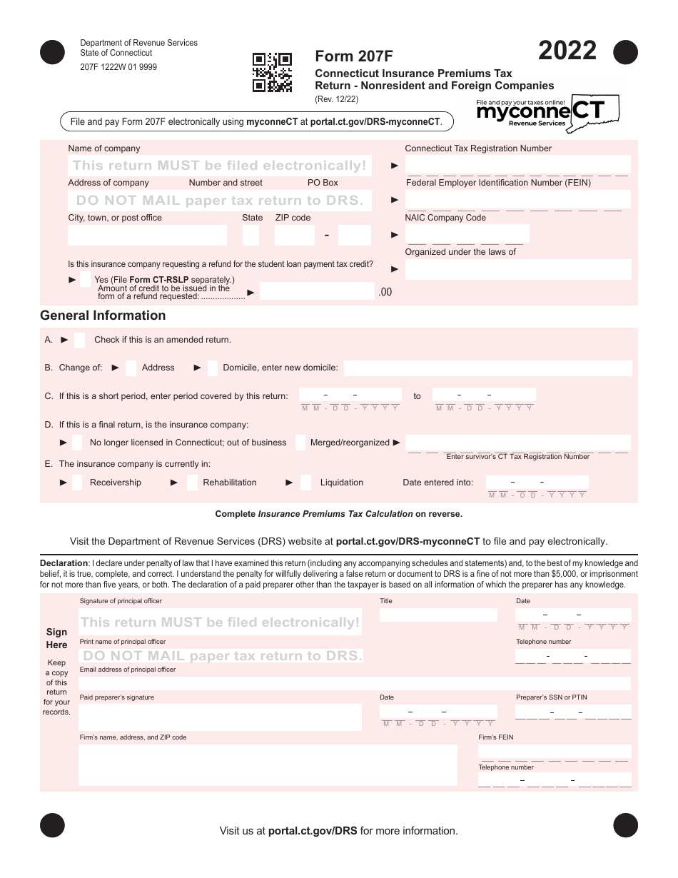 Form 207F Connecticut Insurance Premiums Tax Return - Nonresident and Foreign Companies - Connecticut, Page 1
