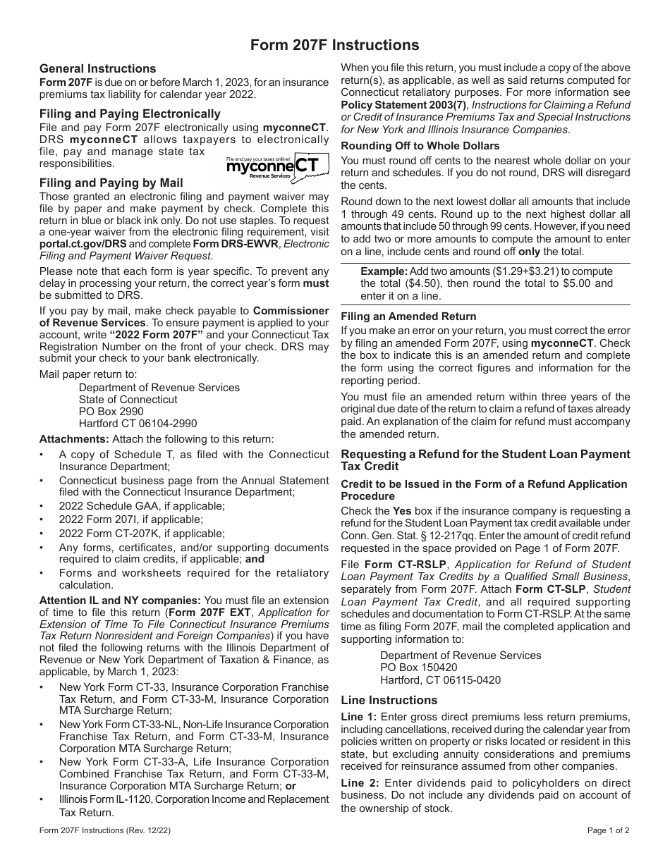 Form 207F Connecticut Insurance Premiums Tax Return - Nonresident and Foreign Companies - Connecticut, Page 3