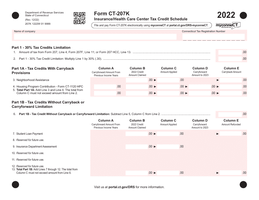 Form CT-207K Insurance/Health Care Center Tax Credit Schedule - Connecticut, 2022