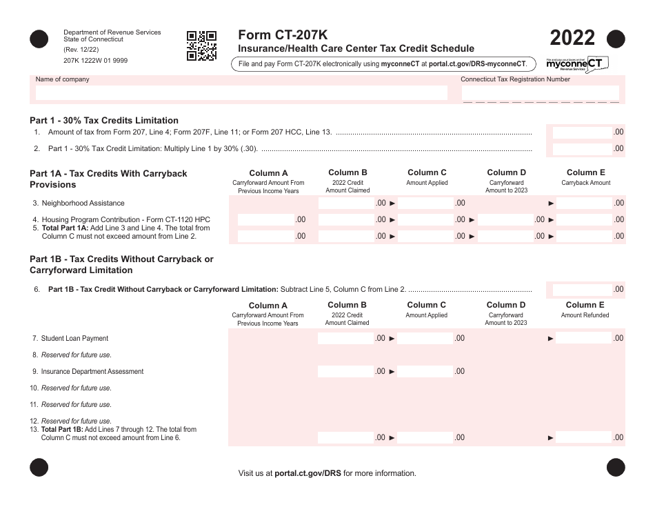 Form CT-207K Insurance / Health Care Center Tax Credit Schedule - Connecticut, Page 1