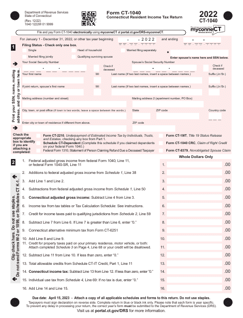 Form CT-1040 Connecticut Resident Income Tax Return - Connecticut, 2022
