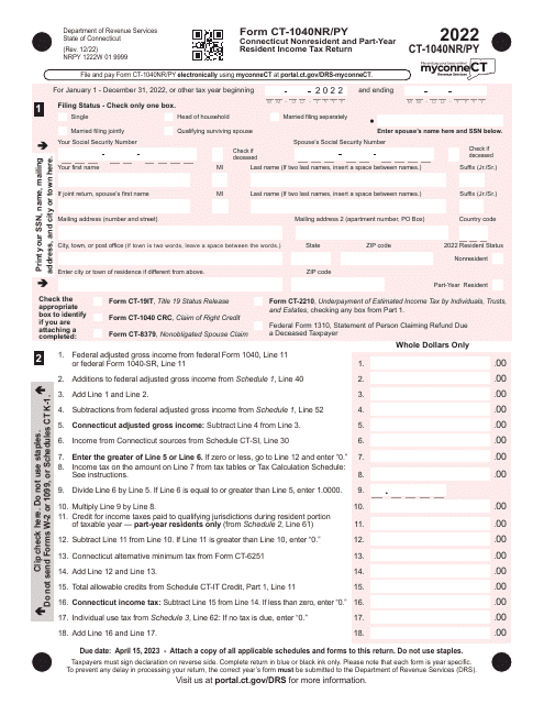 Form CT-1040NR/PY Connecticut Nonresident and Part-Year Resident Income Tax Return - Connecticut, 2022
