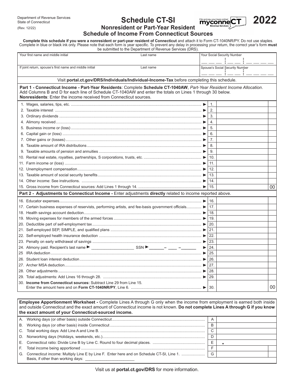 Schedule CT-SI Nonresident or Part-Year Resident Schedule of Income From Connecticut Sources - Connecticut, Page 1