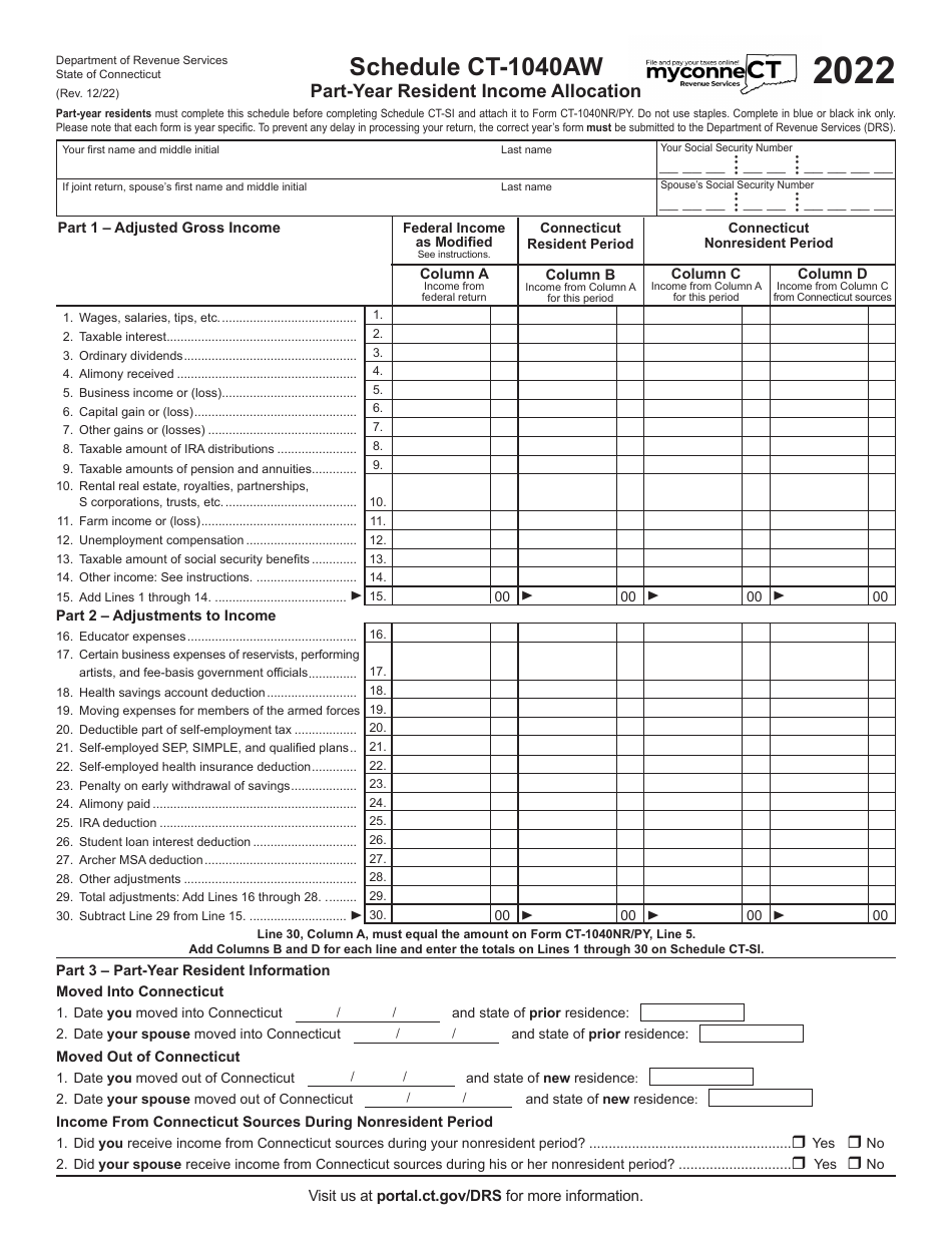 Schedule CT-1040AW Part-Year Resident Income Allocation - Connecticut, Page 1